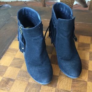 Black leather fringe ankle boots